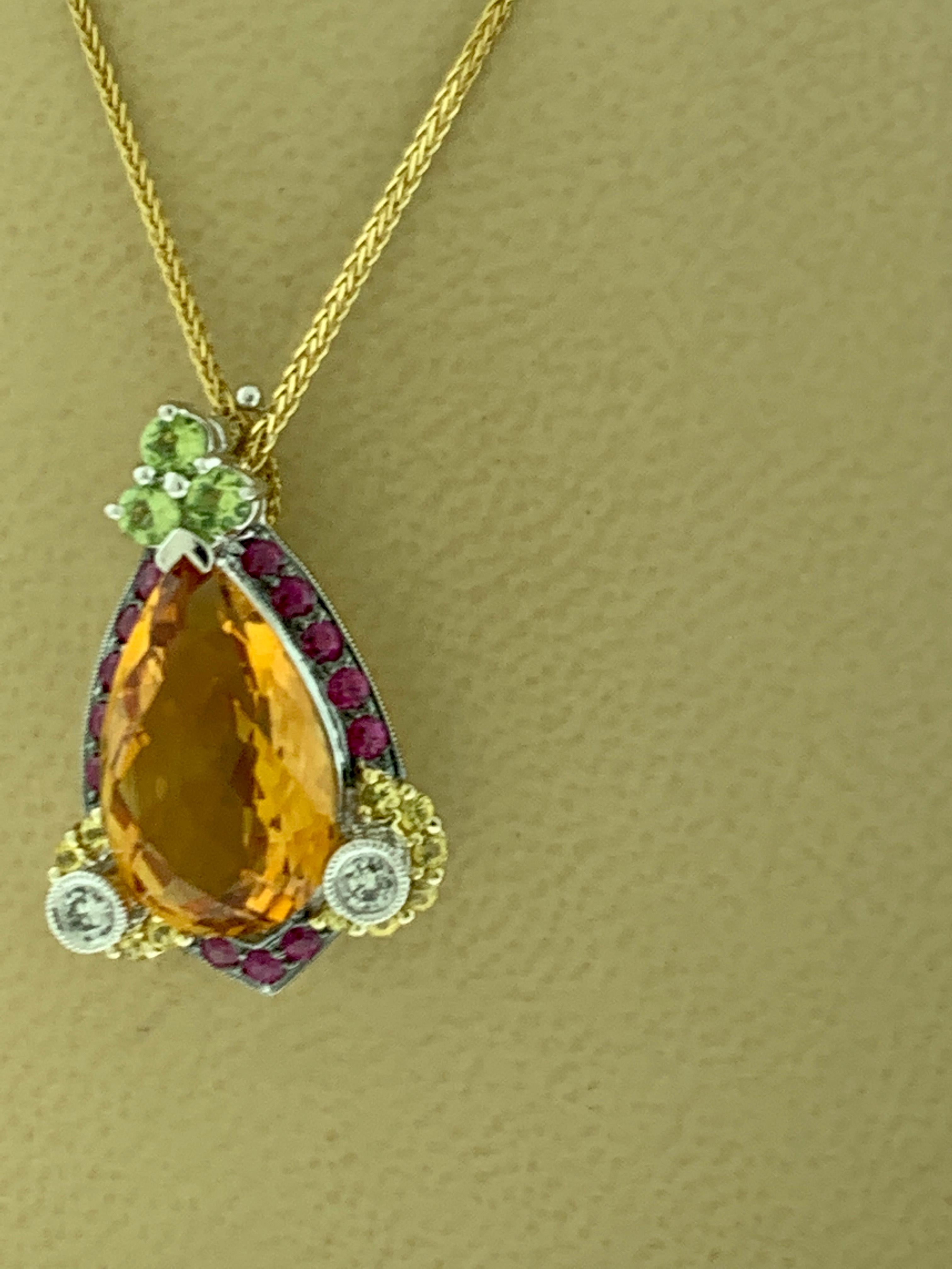 Checkerboard Citrine Ruby Diamond Pendent or Necklace 14 Karat Gold With Chain 9