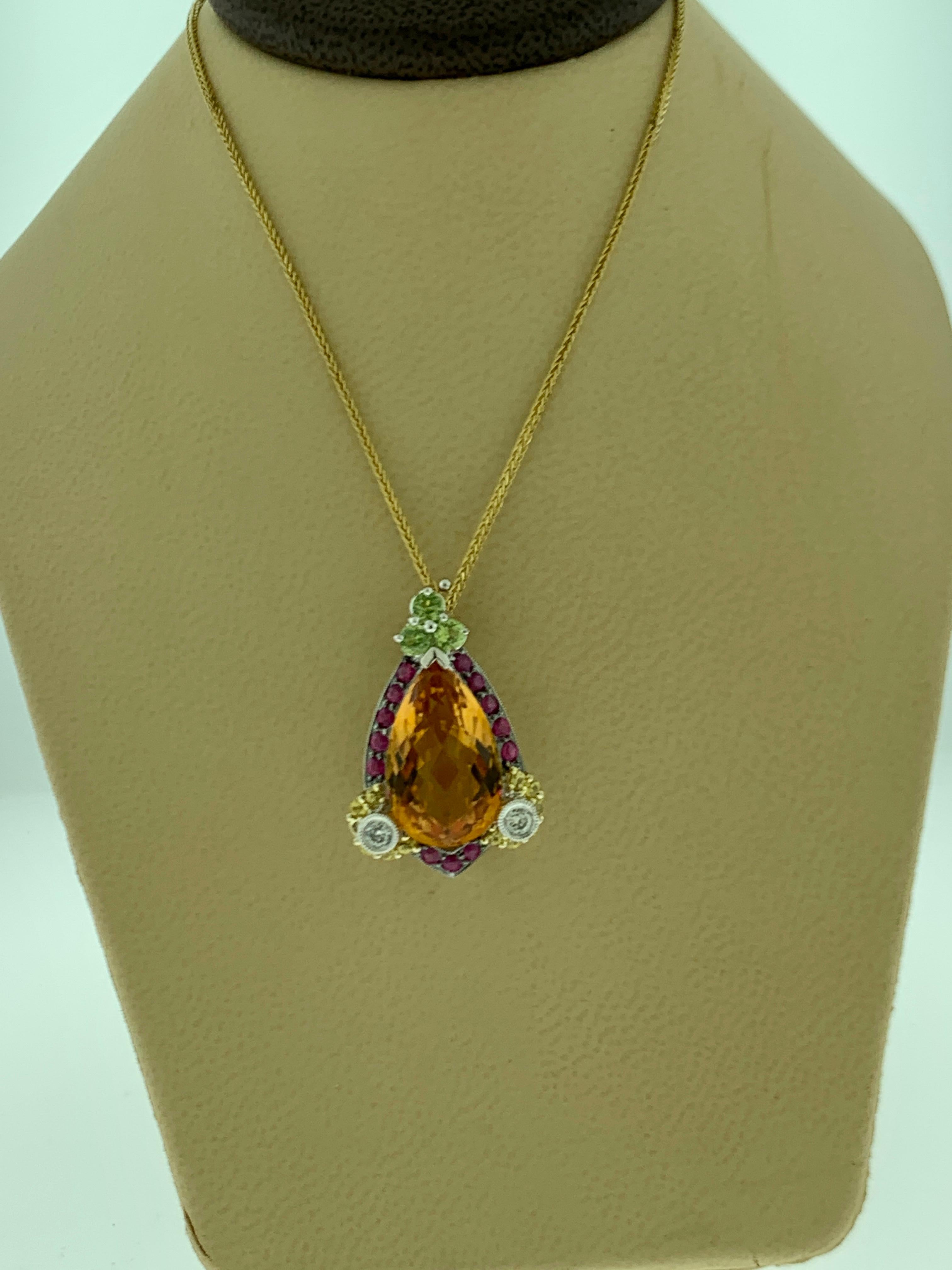 Checkerboard Citrine Ruby Diamond Pendent or Necklace 14 Karat Gold With Chain 10