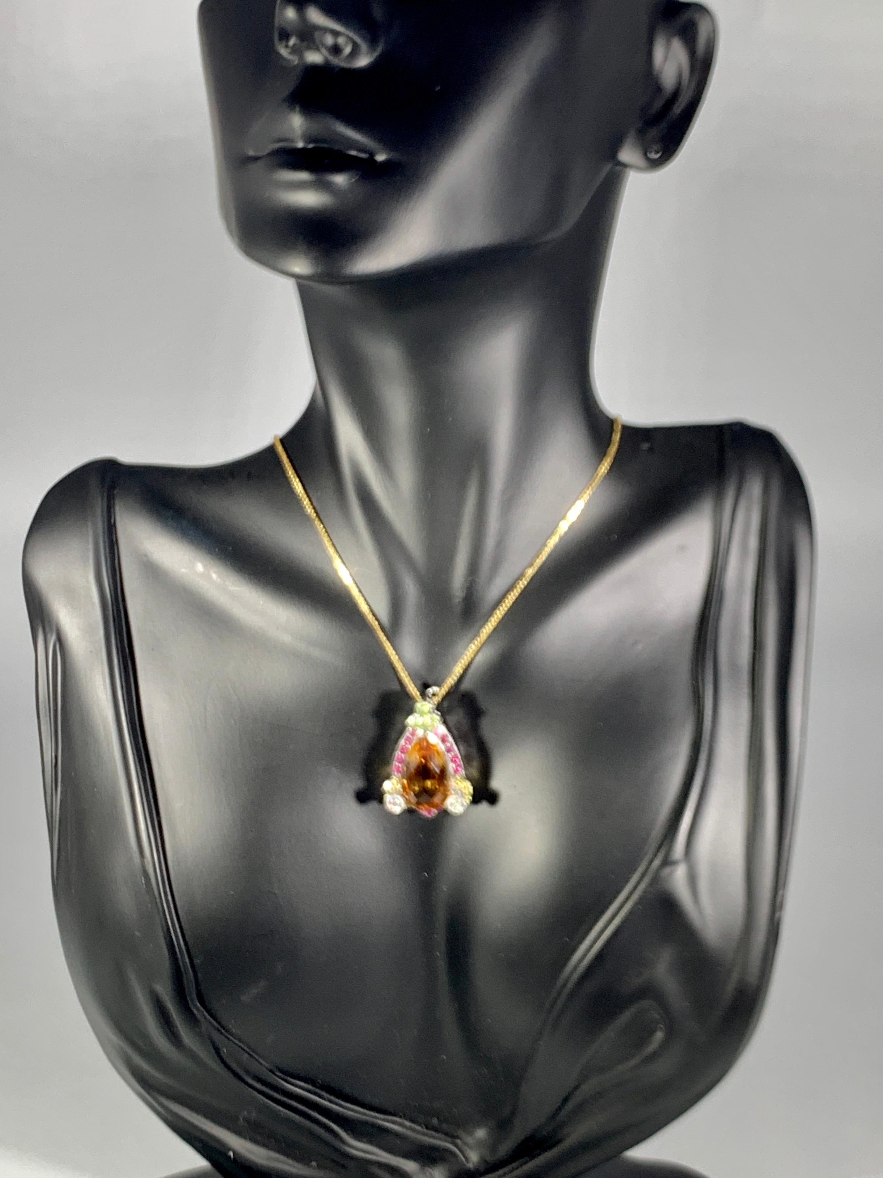 Checkerboard Citrine Ruby Diamond Pendent or Necklace 14 Karat Gold With Chain 11