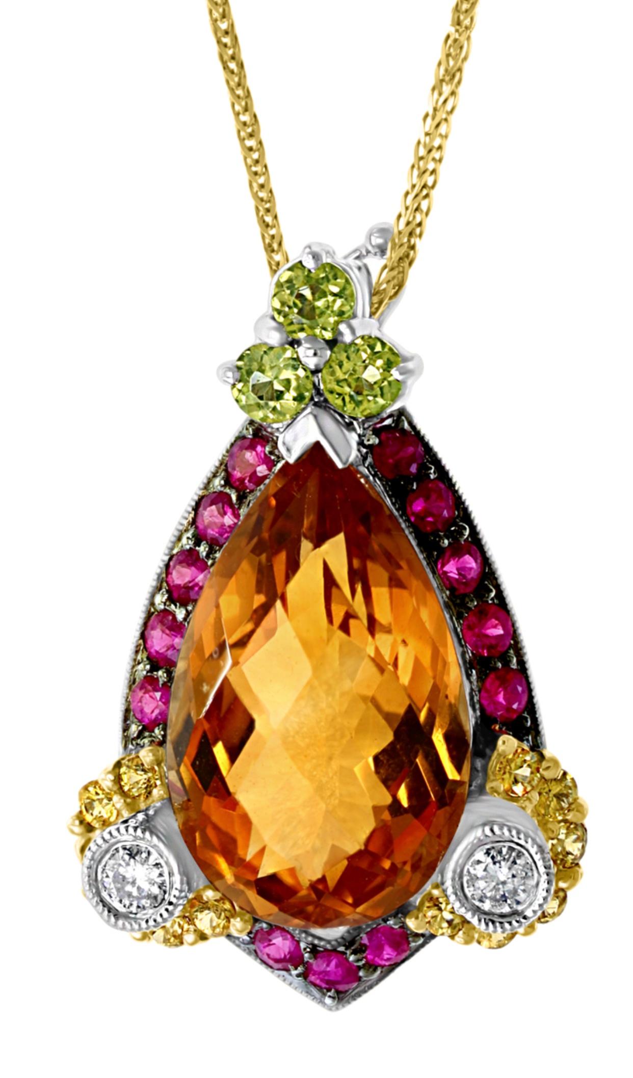 Pear Cut Checkerboard Citrine Ruby Diamond Pendent or Necklace 14 Karat Gold With Chain