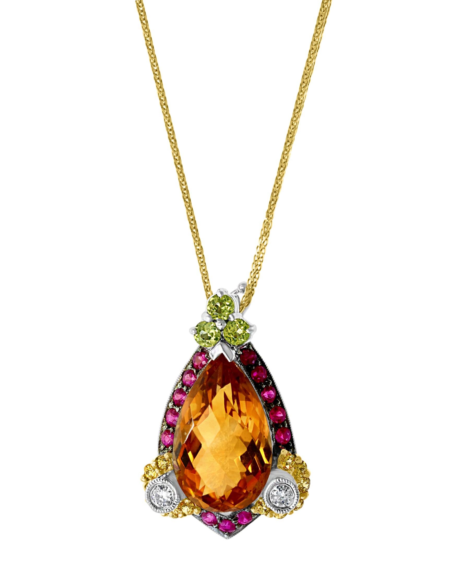 Checkerboard Citrine Ruby Diamond Pendent or Necklace 14 Karat Gold With Chain In Excellent Condition In New York, NY