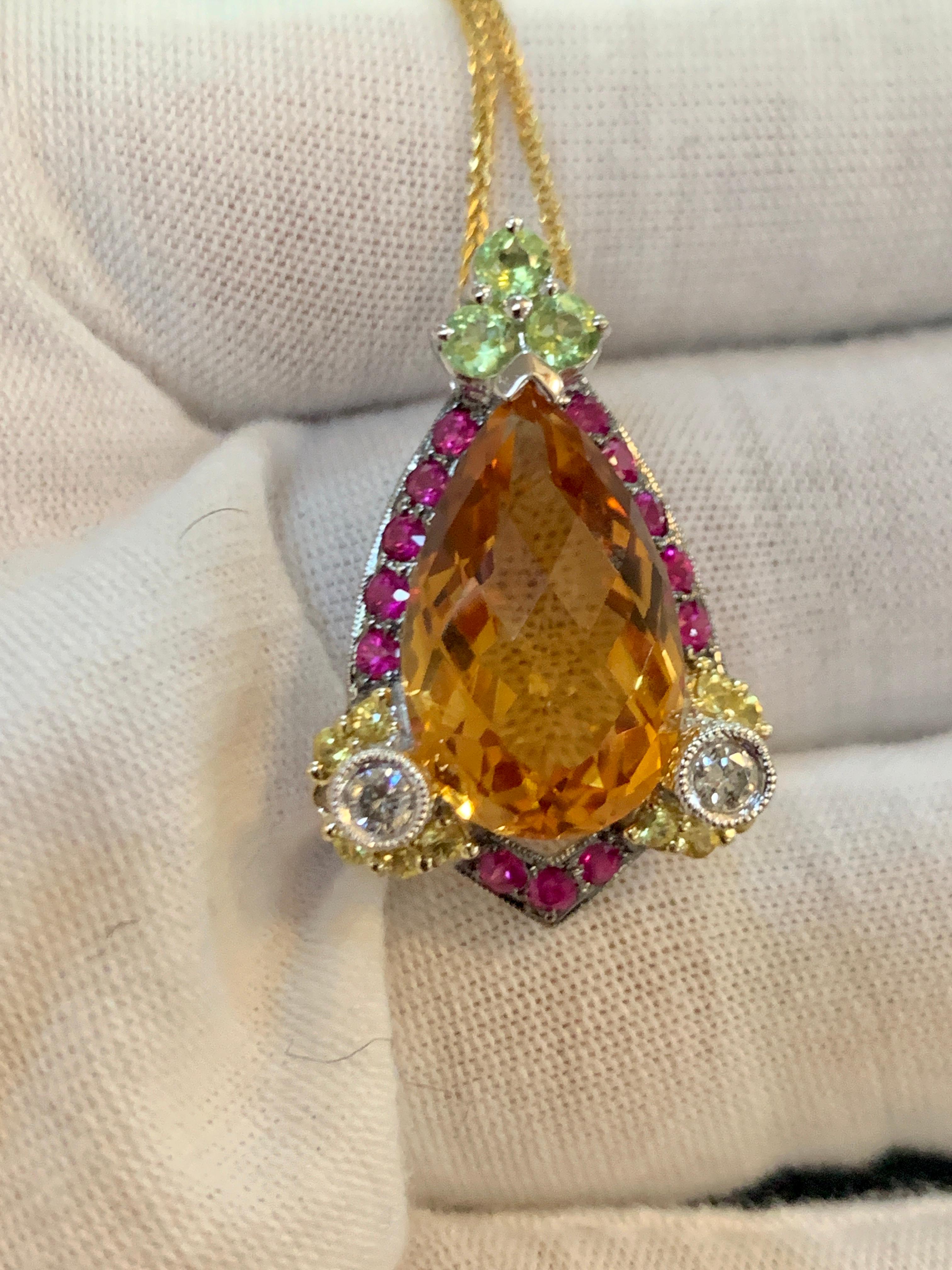Women's Checkerboard Citrine Ruby Diamond Pendent or Necklace 14 Karat Gold With Chain