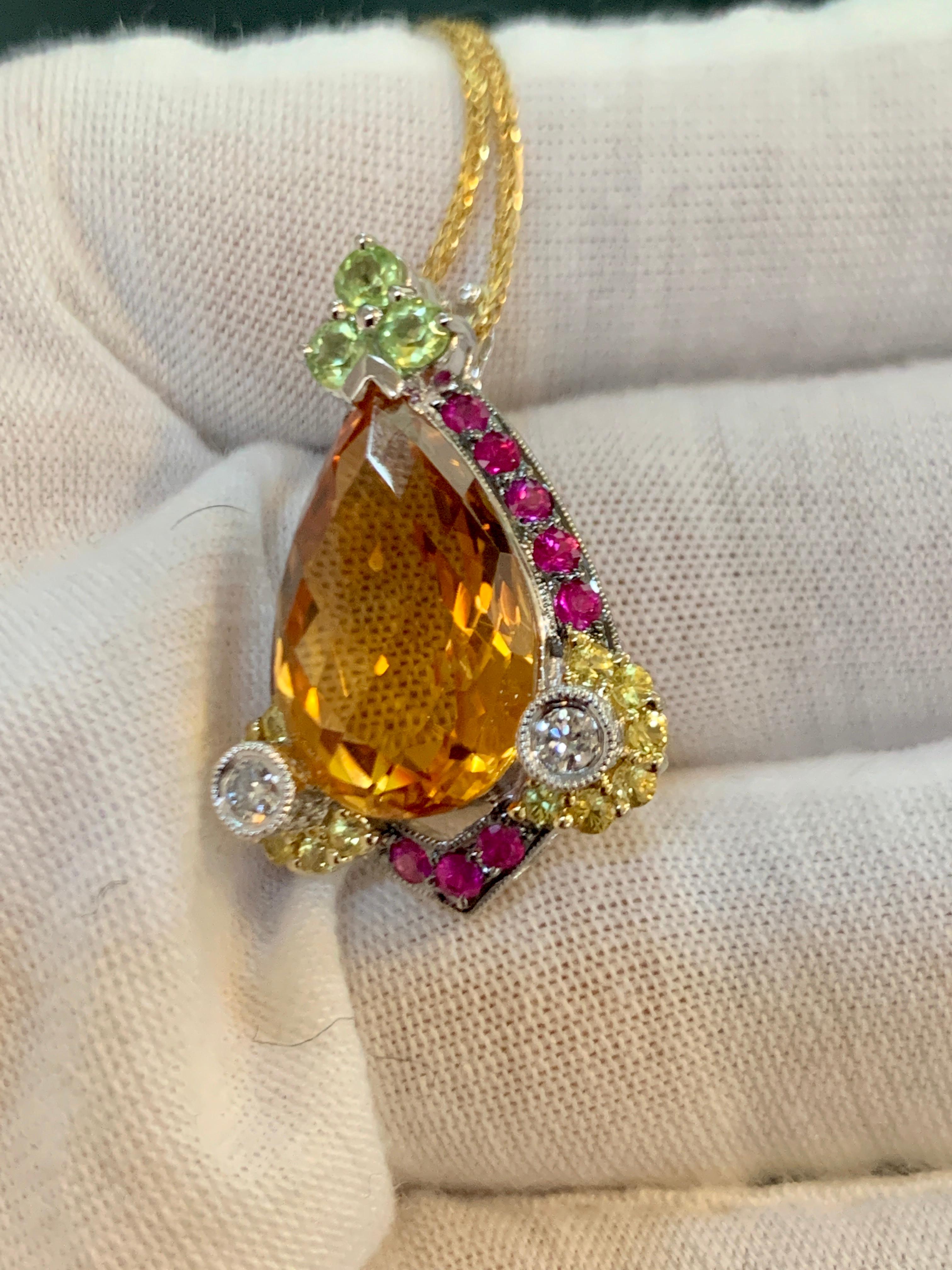 Checkerboard Citrine Ruby Diamond Pendent or Necklace 14 Karat Gold With Chain 1