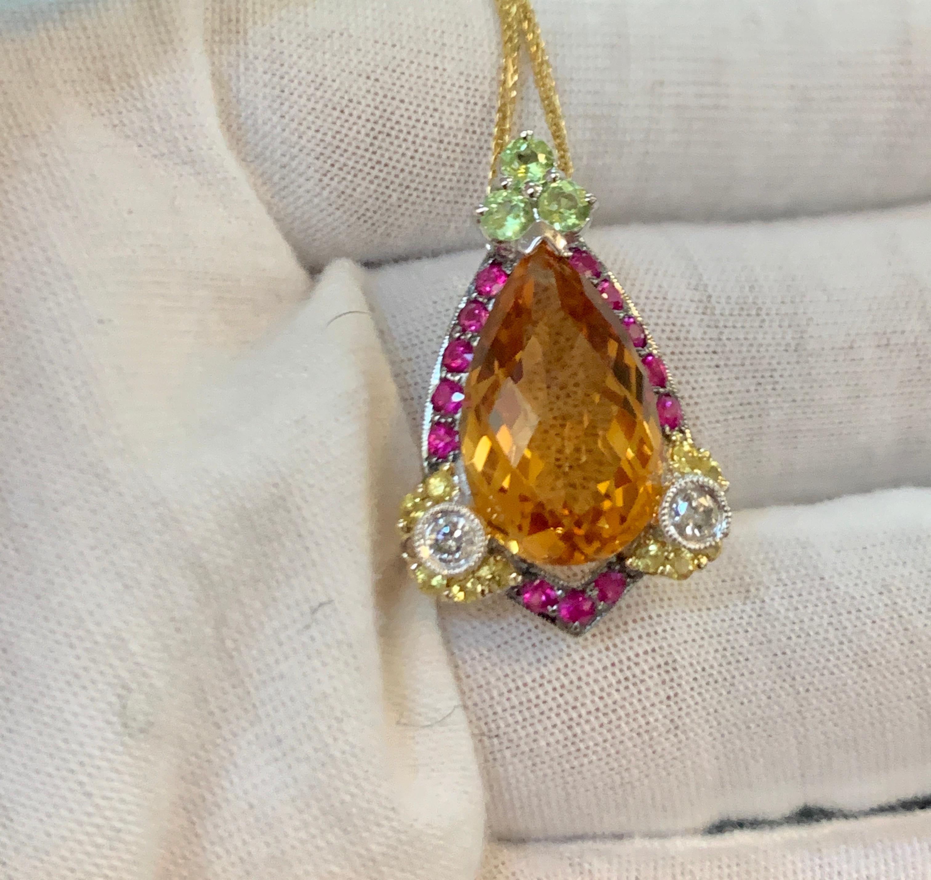 Checkerboard Citrine Ruby Diamond Pendent or Necklace 14 Karat Gold With Chain 3