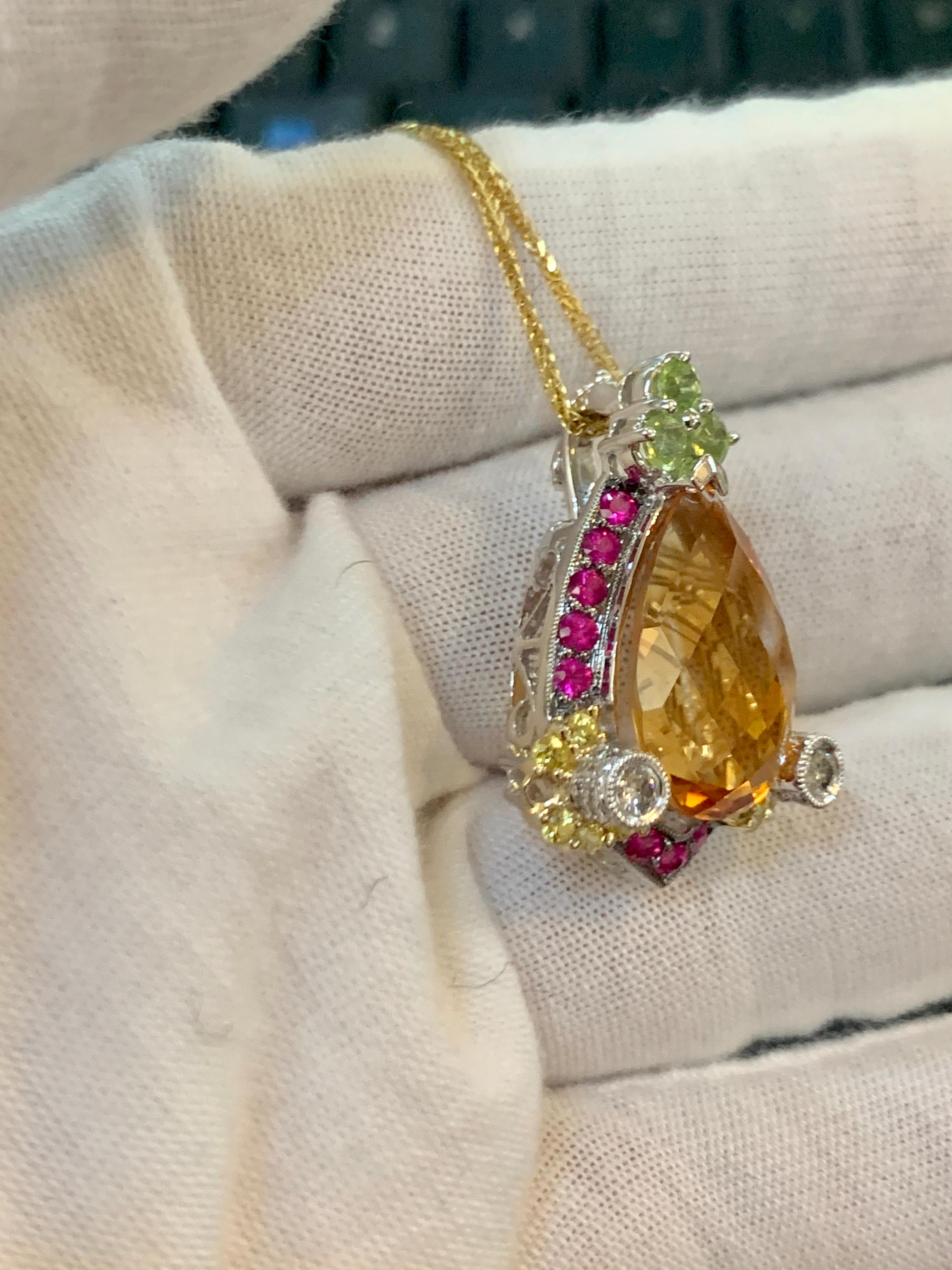 Checkerboard Citrine Ruby Diamond Pendent or Necklace 14 Karat Gold With Chain 4