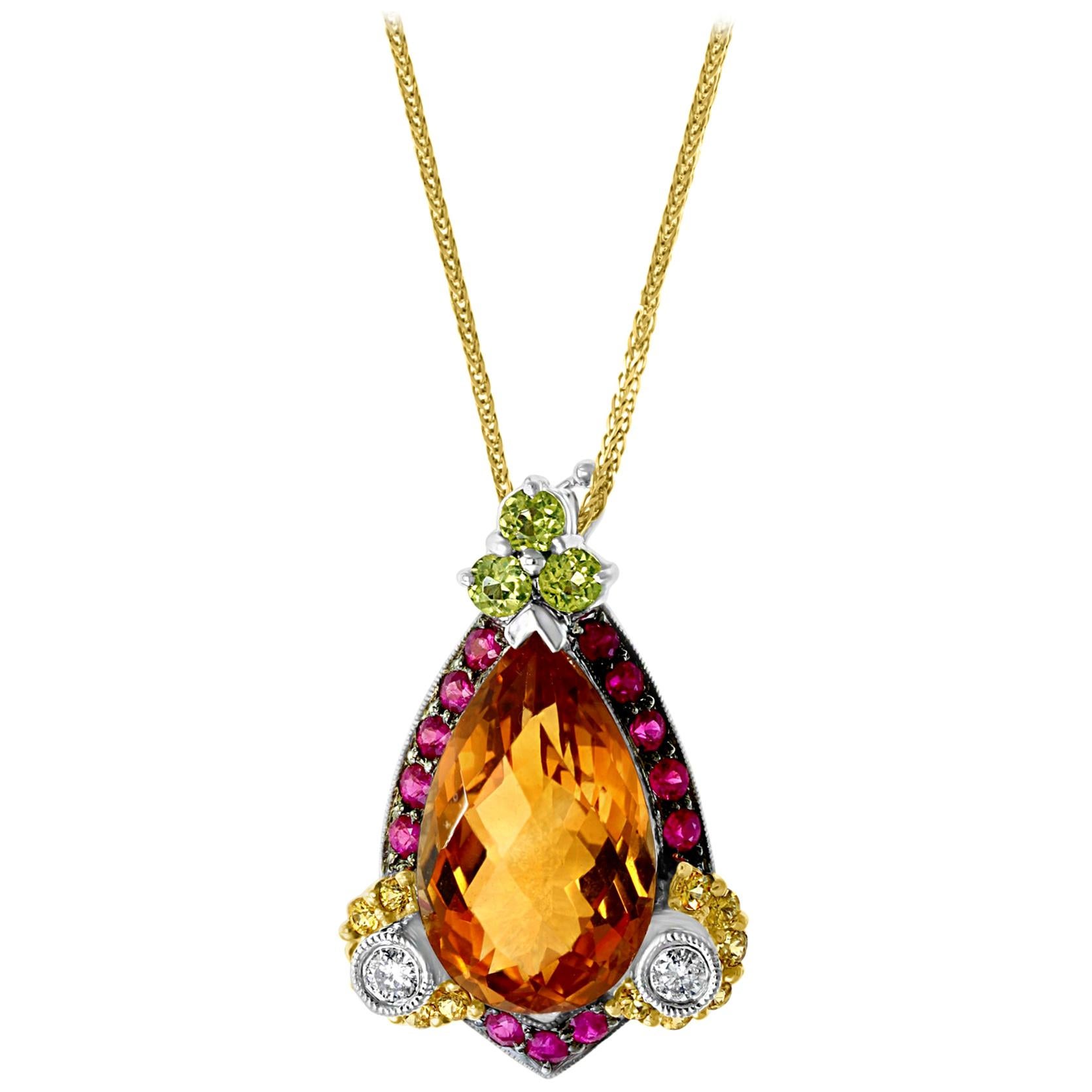 Checkerboard Citrine Ruby Diamond Pendent or Necklace 14 Karat Gold With Chain
