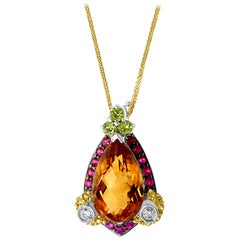 Checkerboard Citrine Ruby Diamond Pendent or Necklace 14 Karat Gold With Chain