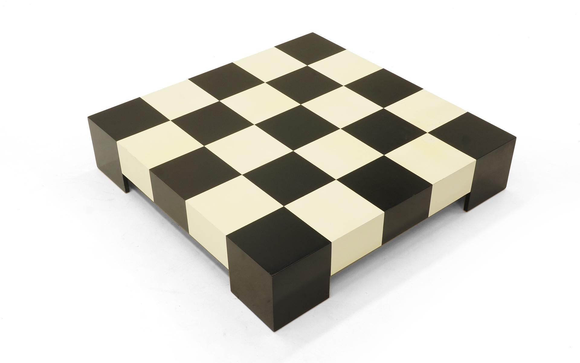 Rare large black and white checker board coffee table designed by Milo Baughman for Thayer Coggin. Signed with paper Thayer Coggin label, June 6, 1969, Original good condition with honest, attractive wear including even crazing of the paint and