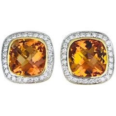 Checkerboard Cushion-Cut Citrine Earrings, Diamond Halo Contemporary Earrings