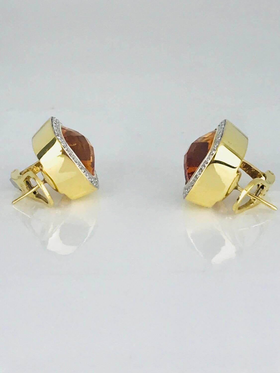 Cushion Cut Checkerboard Cushion-Cut Citrine Earrings, Diamond Halo Contemporary Earrings For Sale