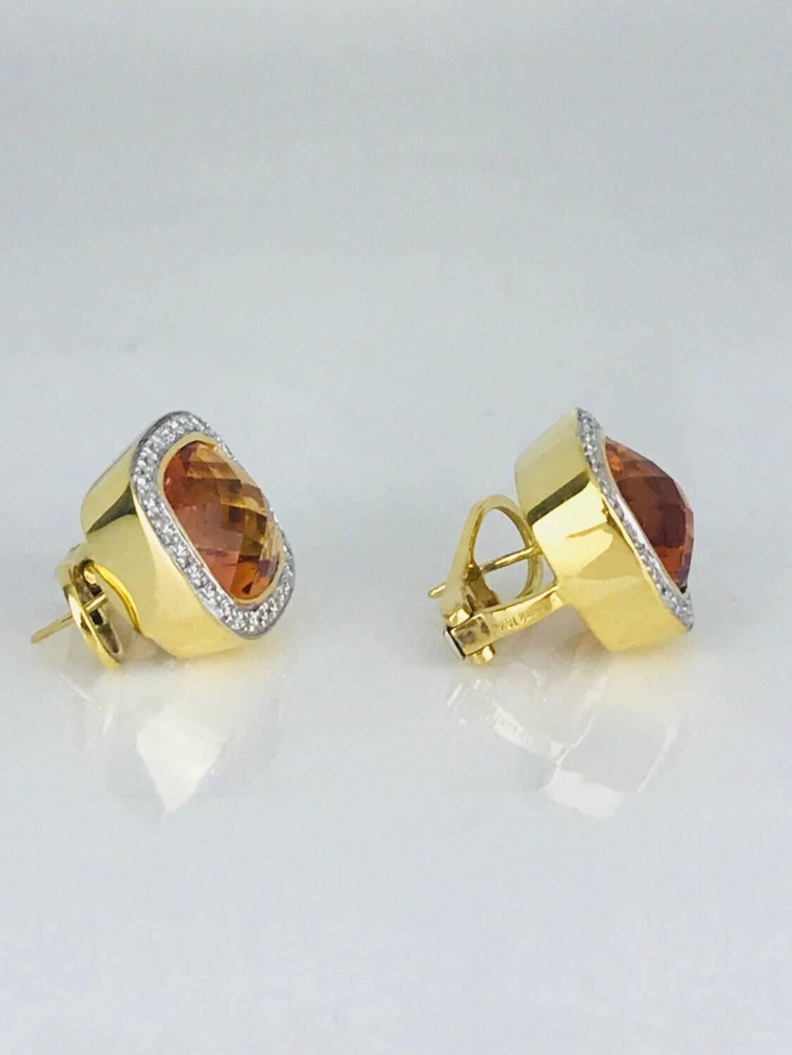 Checkerboard Cushion-Cut Citrine Earrings, Diamond Halo Contemporary Earrings In New Condition For Sale In Aliso Viejo, CA