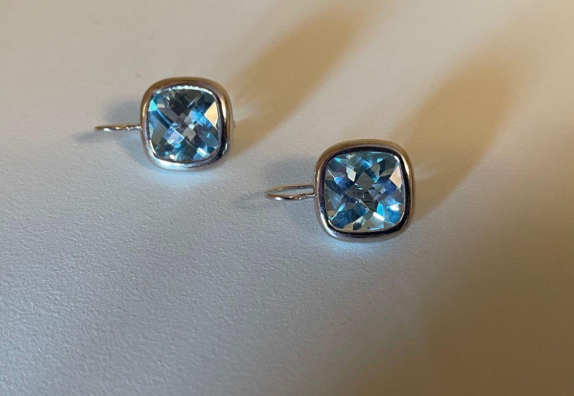 Modernist Checkerboard Cushion Cut Natural Blue Topaz Gemstone Gold Vintage Earrings For Sale