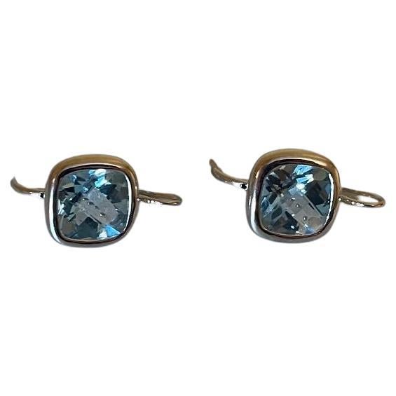 Checkerboard Cushion Cut Natural Blue Topaz Gemstone Gold Vintage Earrings In Excellent Condition For Sale In Montreal, QC