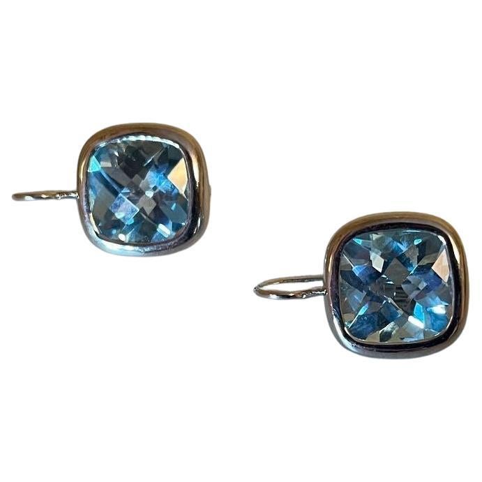 Checkerboard Cushion Cut Natural Blue Topaz Gemstone Gold Vintage Earrings For Sale