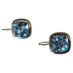 Checkerboard Cushion Cut Natural Blue Topaz Gemstone Gold Vintage Earrings