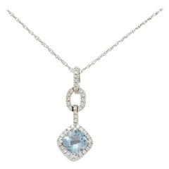 Checkerboard Cut 3.65 Carats Aquamarine Diamond 18 Karat White Gold Necklace