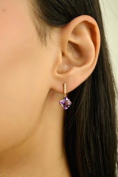 Checkerboard Cut Amethyst & Diamond Clover Drop Earrings 3.8ct 14K Yellow Gold