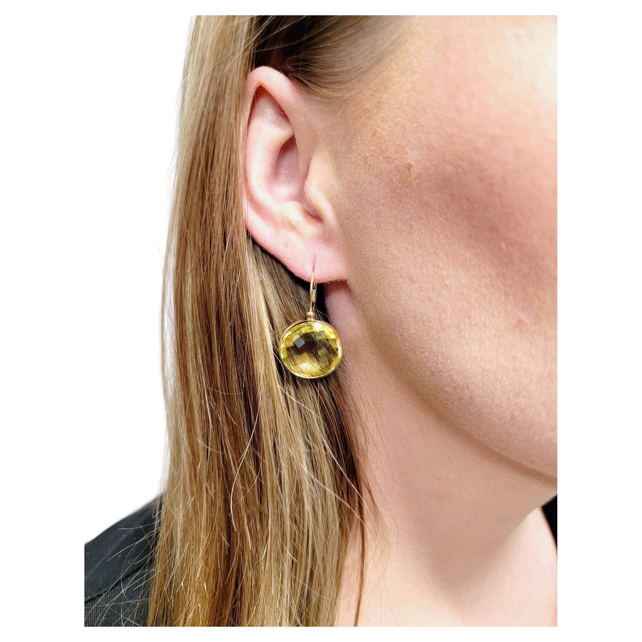 Checkerboard Cut Citrine Circle Dangle Earrings in 14 Karat Yellow Gold  For Sale 7