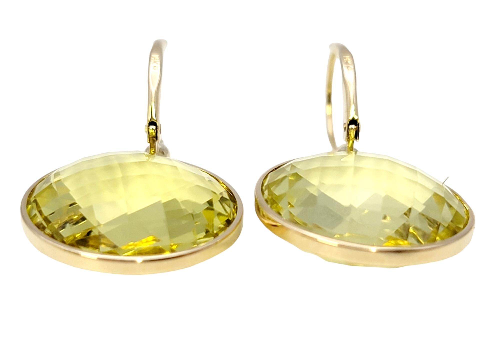 Contemporary Checkerboard Cut Citrine Circle Dangle Earrings in 14 Karat Yellow Gold  For Sale