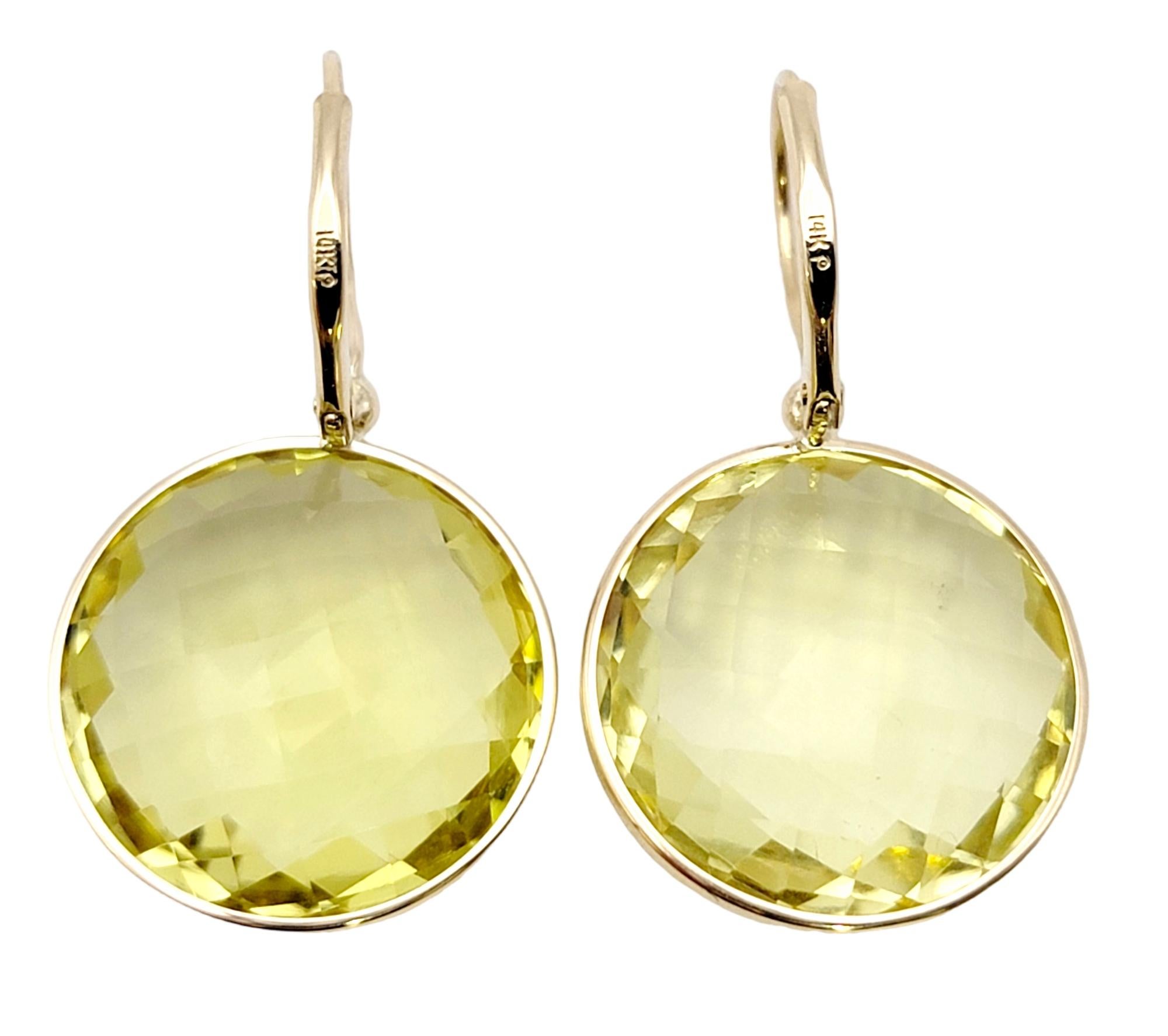 Women's Checkerboard Cut Citrine Circle Dangle Earrings in 14 Karat Yellow Gold  For Sale