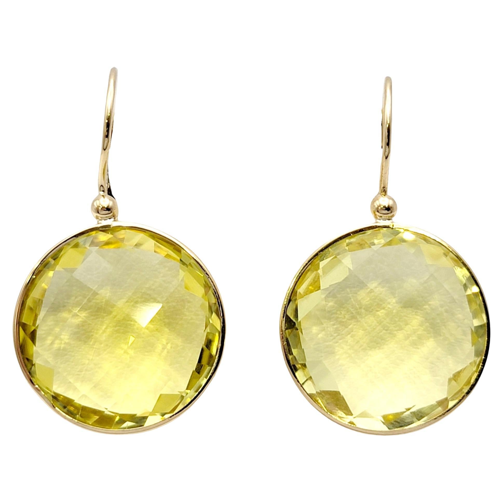 Checkerboard Cut Citrine Circle Dangle Earrings in 14 Karat Yellow Gold 