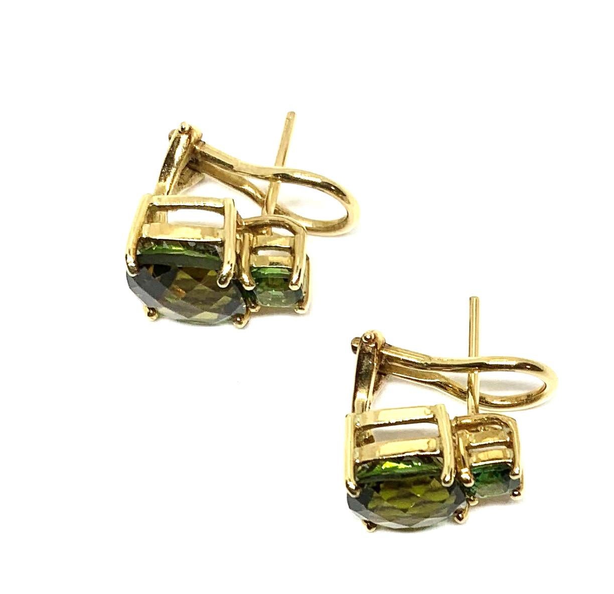 Artisan Olive Tourmaline and Tsavorite Garnet 18k Yellow Gold French Clip Post Earrings