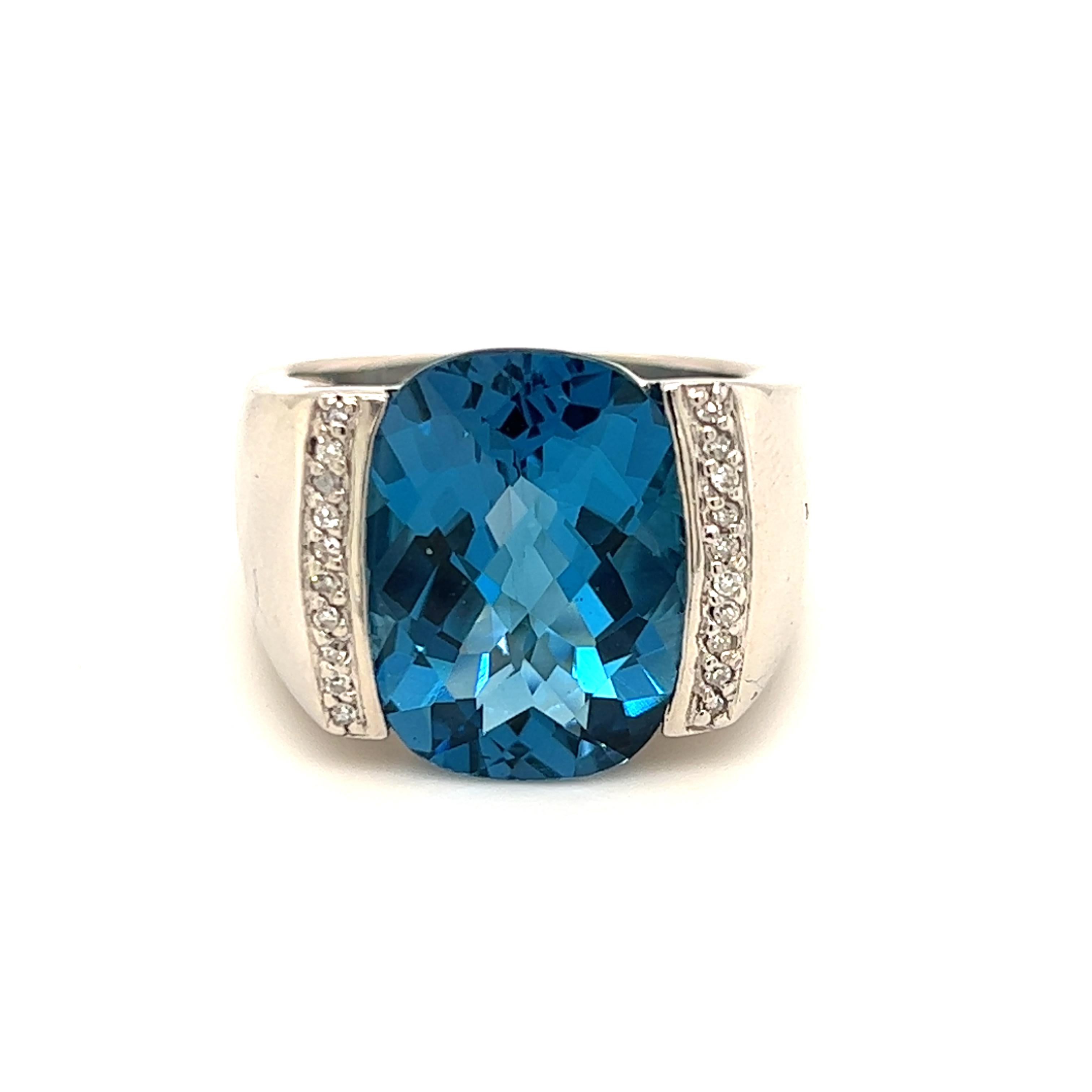 Contemporary Checkerboard Cut London Blue Topaz & Diamond Statement Ring in 14K White Gold  For Sale