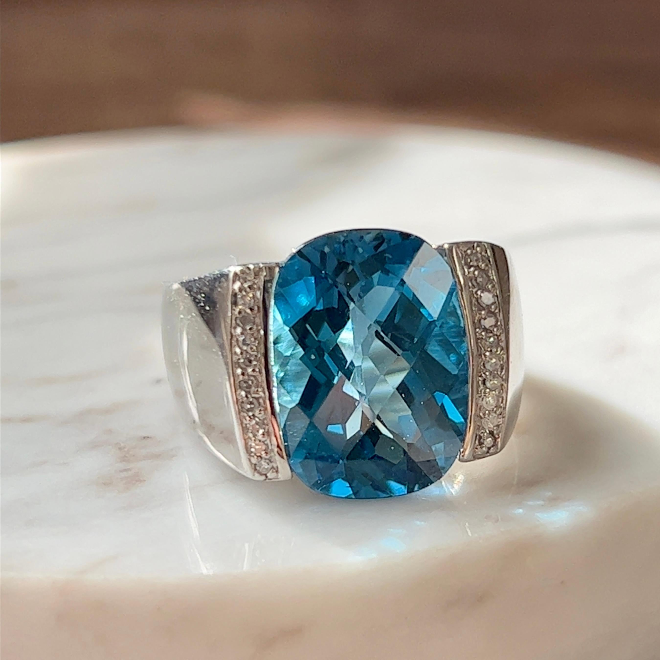 Checkerboard Cut London Blue Topaz & Diamond Statement Ring in 14K White Gold  For Sale 1