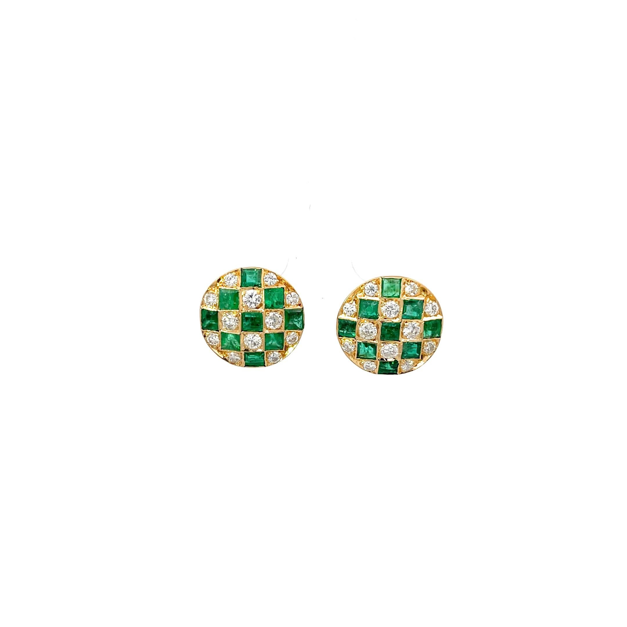 Checkerboard Emerald and Diamond Studs in 18K Yellow Gold. The earrings feature approximately 0.75ctw of brilliant round diamonds and approximately 2ctw of square cut emeralds. 
1/2