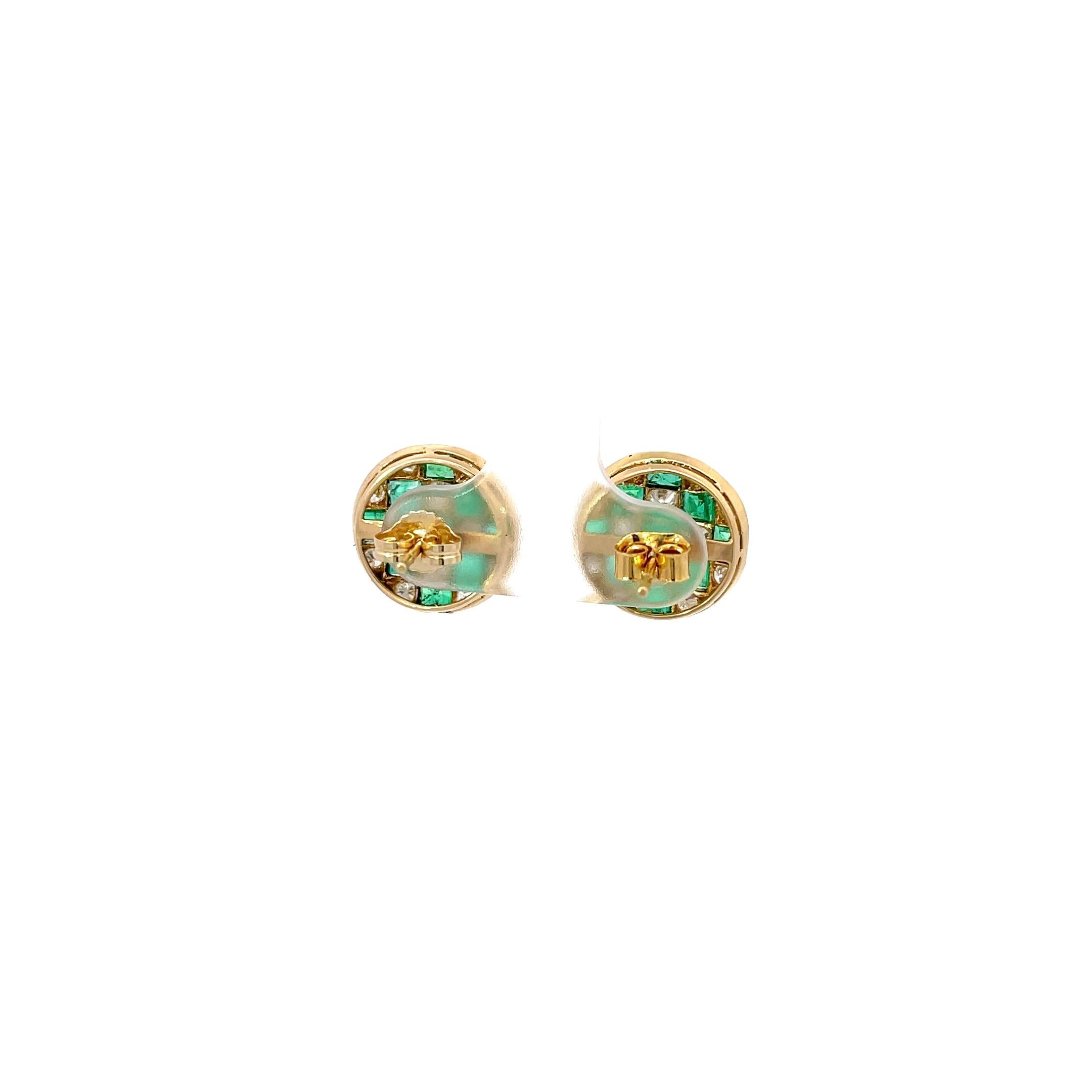 Checkerboard Emerald & Diamond Studs 18K Yellow Gold In Good Condition In Dallas, TX