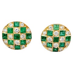 Checkerboard Emerald & Diamond Studs 18K Yellow Gold