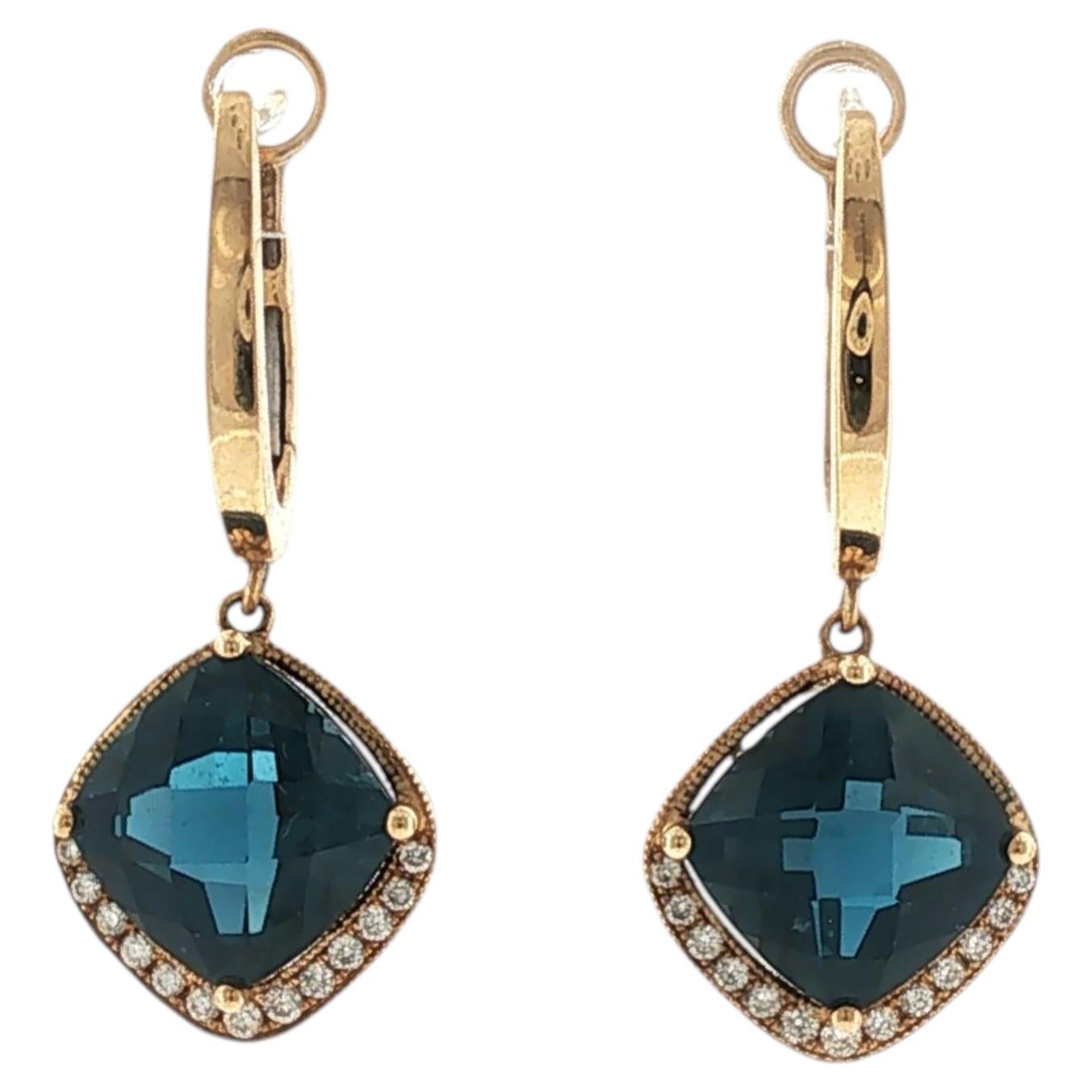 Checkerboard Faceted Blue Topaz Diamond 14 Karat Yellow Gold Dangle Earrings