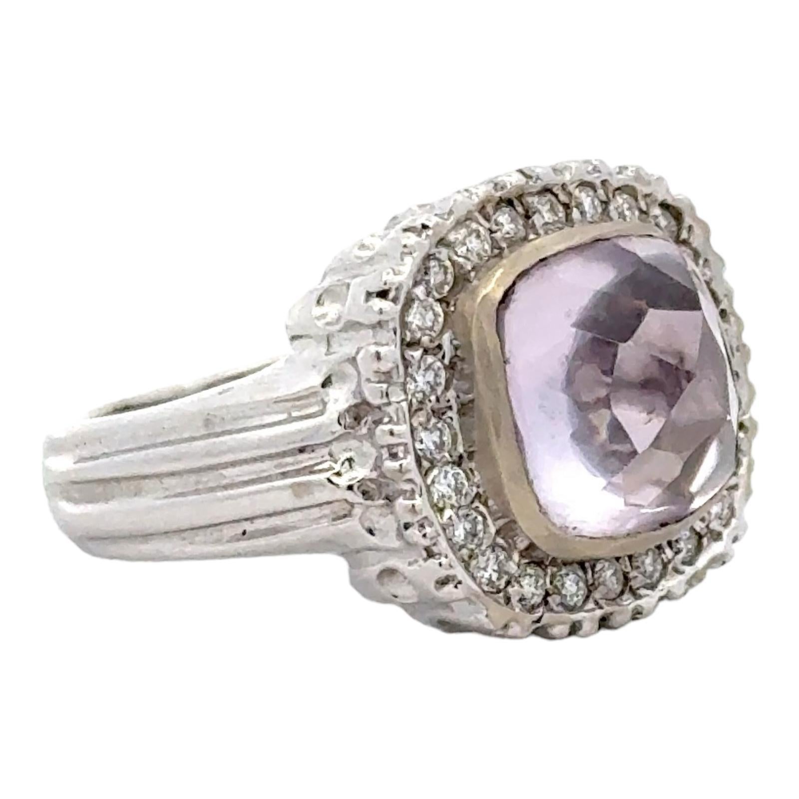 Checkerboard Faceted Lavender Quartz  Diamond 14 Karat White Gold Ring Modern In Excellent Condition For Sale In Boca Raton, FL