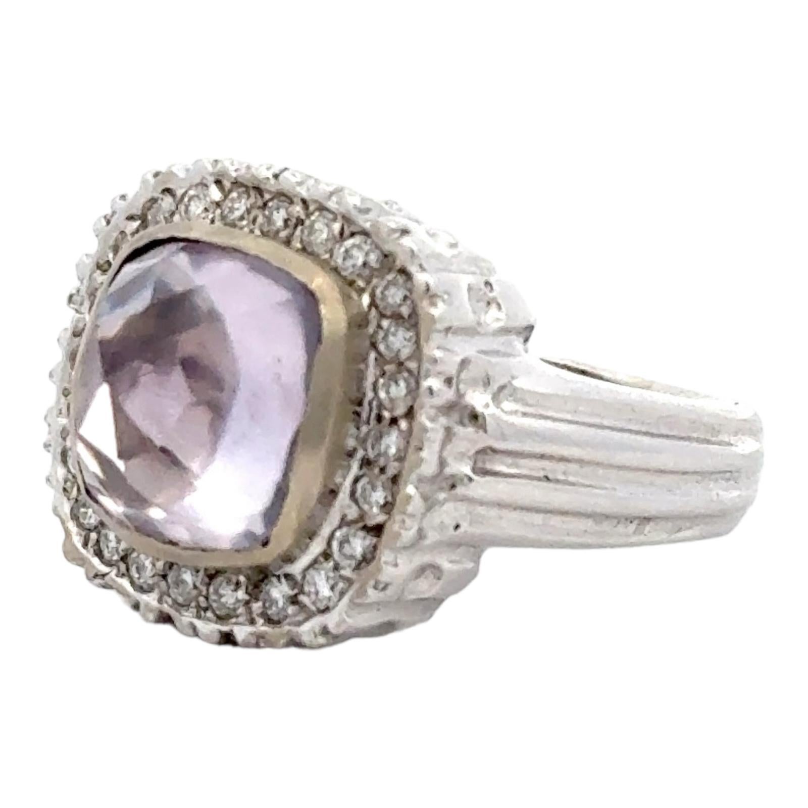 Women's Checkerboard Faceted Lavender Quartz  Diamond 14 Karat White Gold Ring Modern For Sale