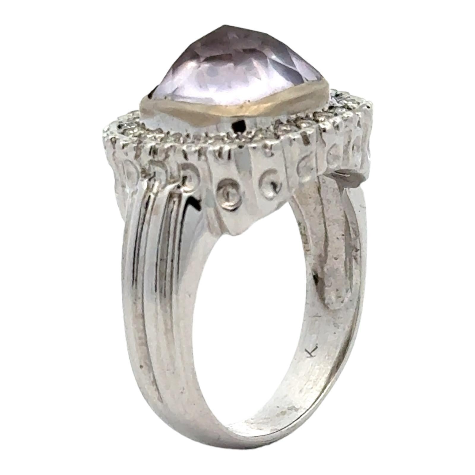 Checkerboard Faceted Lavender Quartz  Diamond 14 Karat White Gold Ring Modern For Sale 1