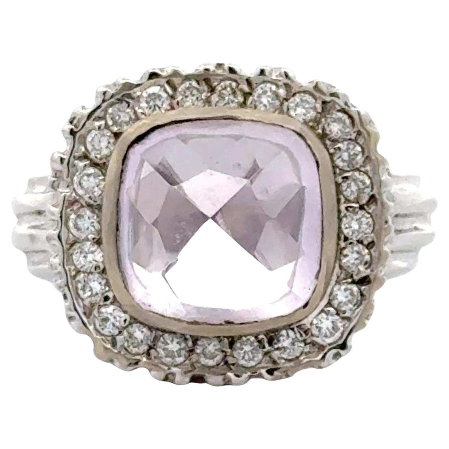 Checkerboard Faceted Lavender Quartz  Diamond 14 Karat White Gold Ring Modern For Sale