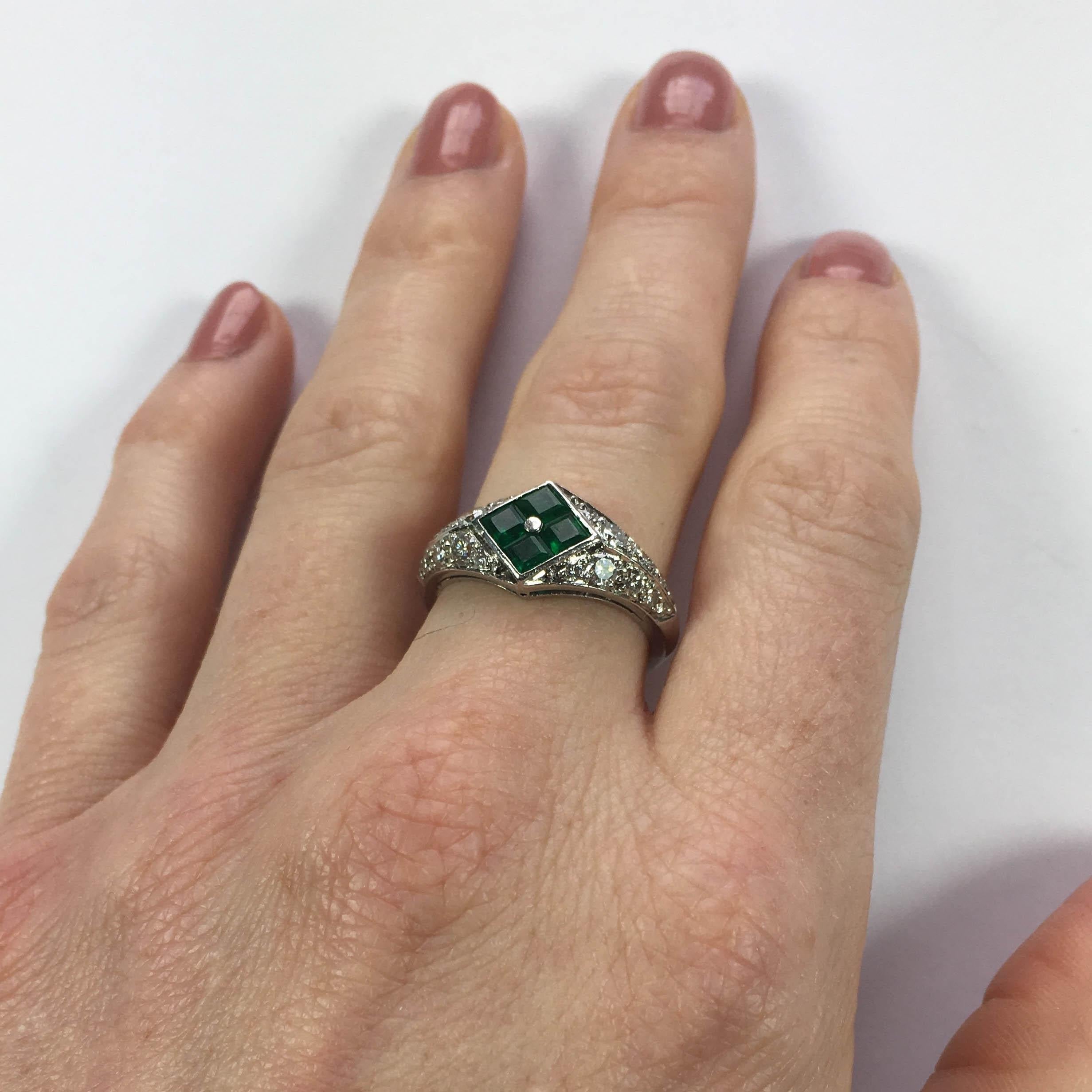 Art Deco Checkerboard Invisibly-Set Emerald Diamond Pave Platinum Ring For Sale
