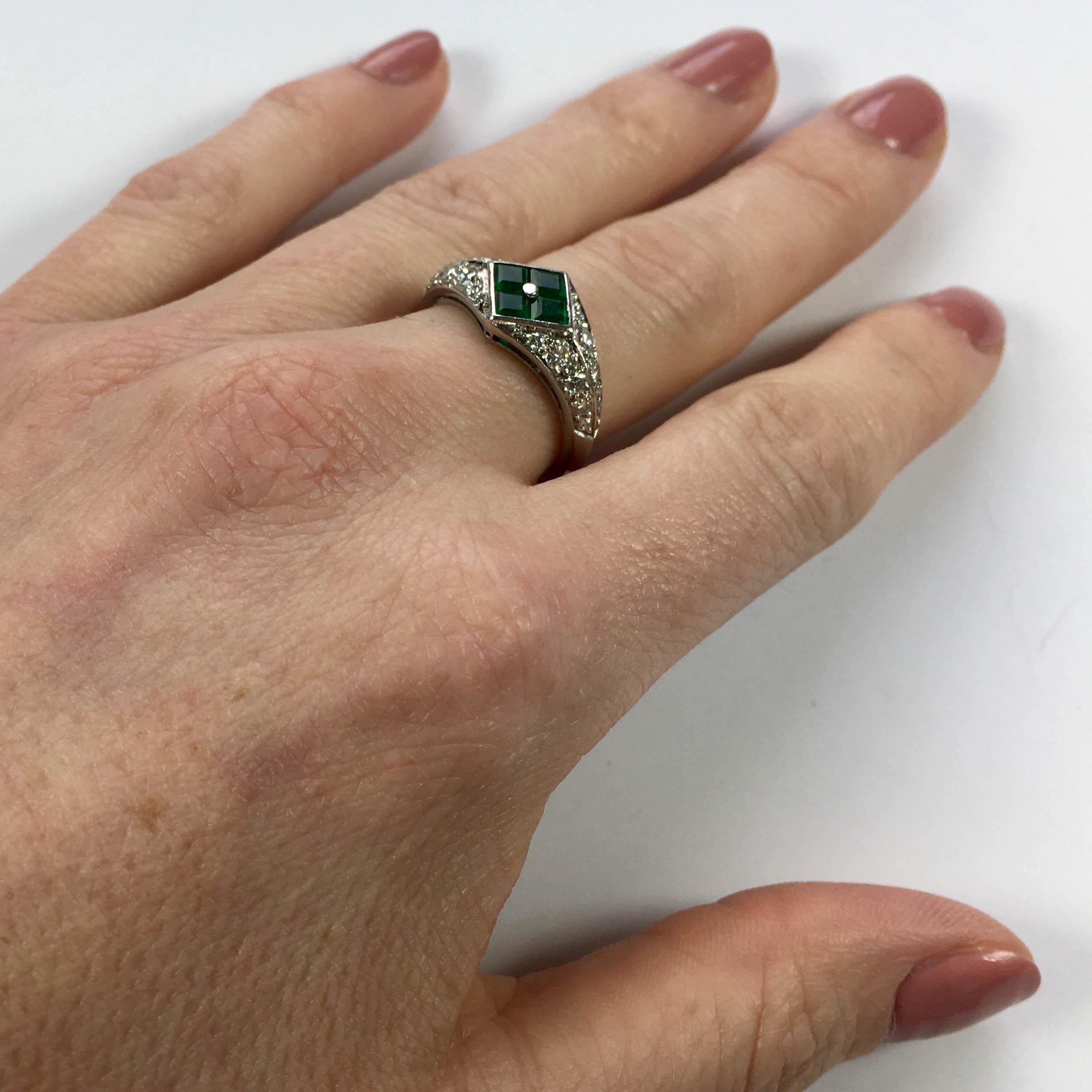 Square Cut Checkerboard Invisibly-Set Emerald Diamond Pave Platinum Ring For Sale