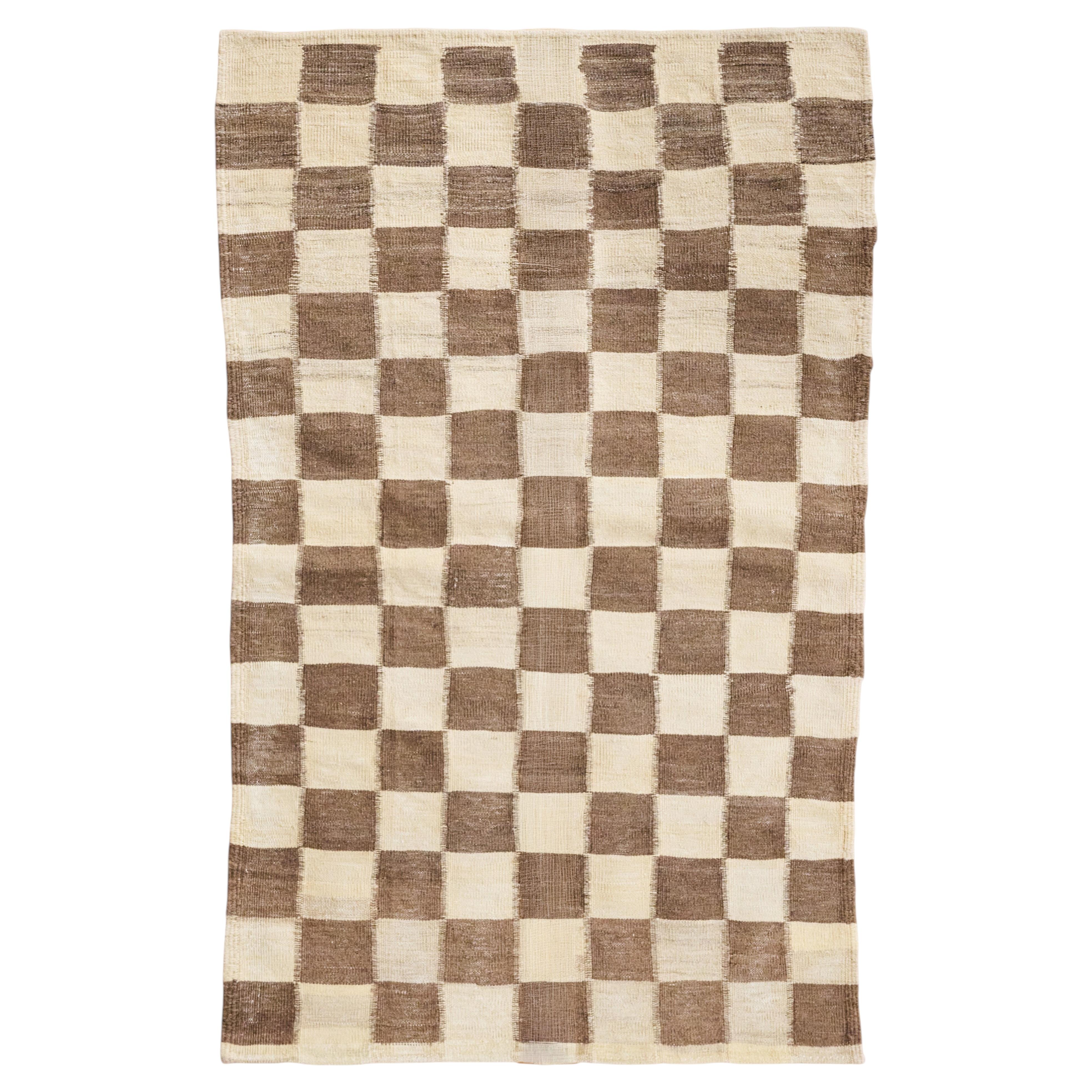 Checkerboard Kurdish Wool Turkish Kilim, Undyed Earth-Toned Camel and Ivory Rug For Sale