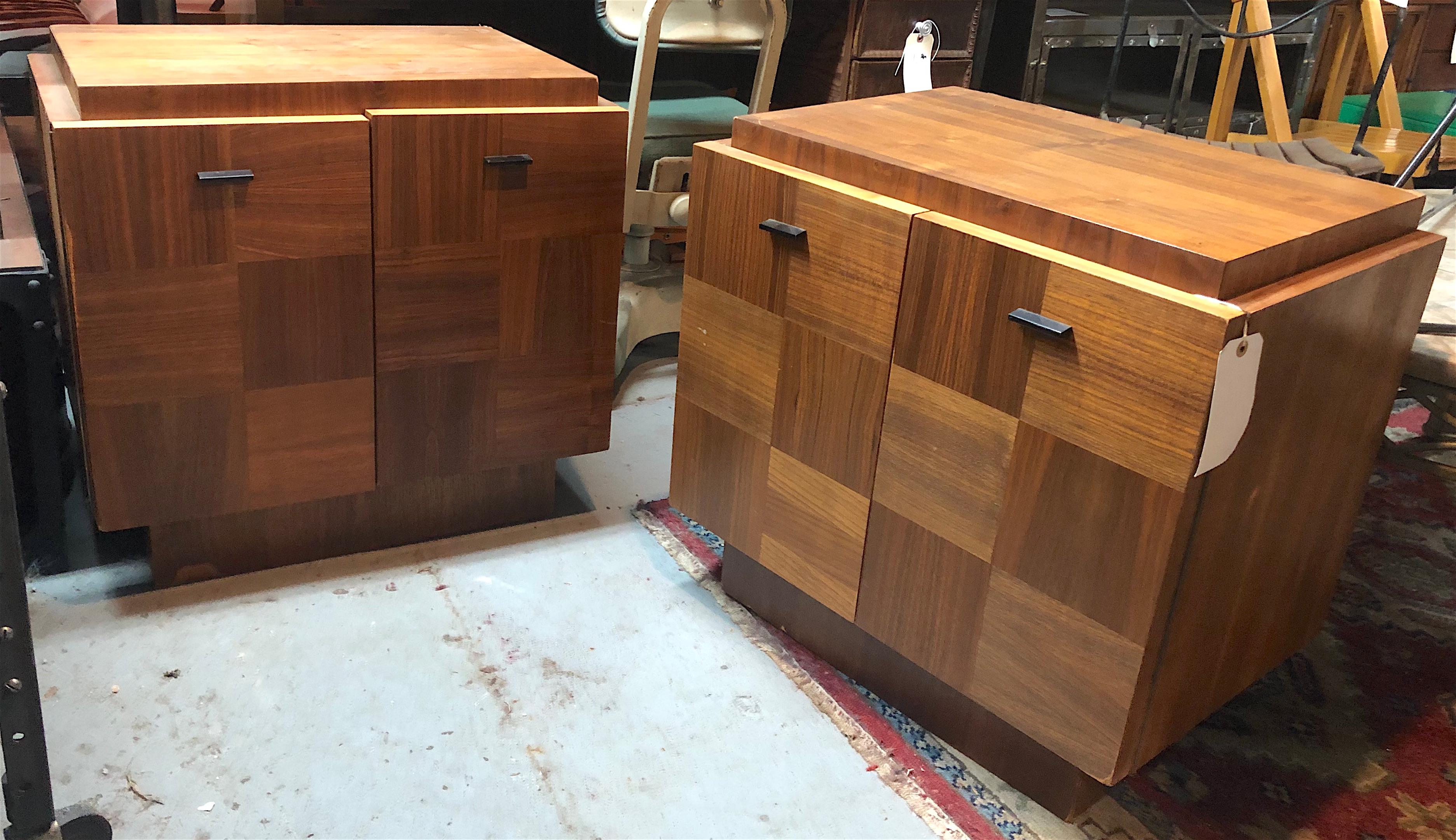 Robust nightstands from Canada's Mid-Century Modern masters at Tabago Furniture. Featuring checkered walnut and oak veneers and showcasing a subtle Brutalist design, the double doors open to reveal ample case storage, perfect for vinyl records,
