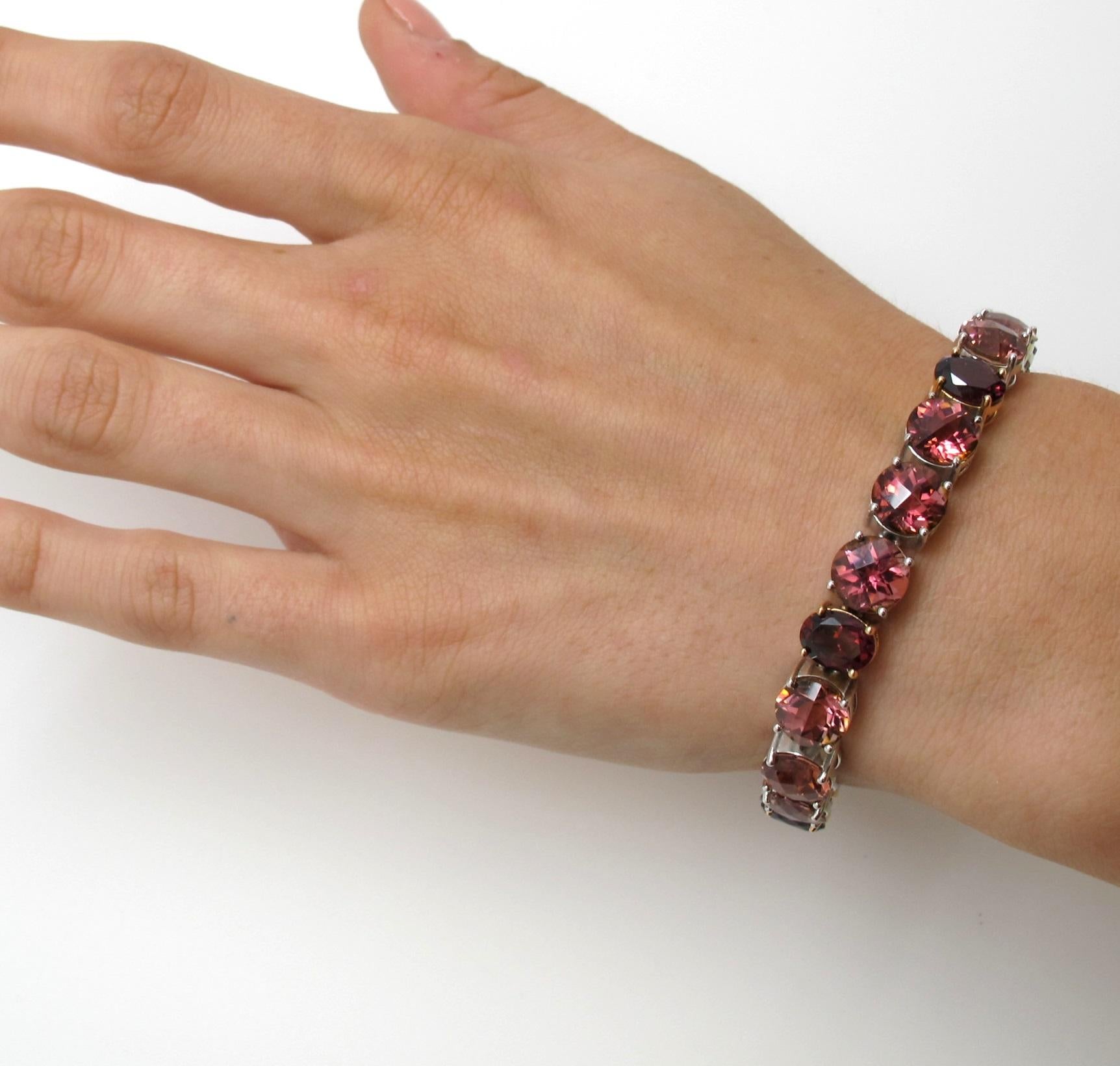 Mixed Cut Pink Tourmaline Checkerboard and Garnet Tennis Bracelet in Rose and White Gold