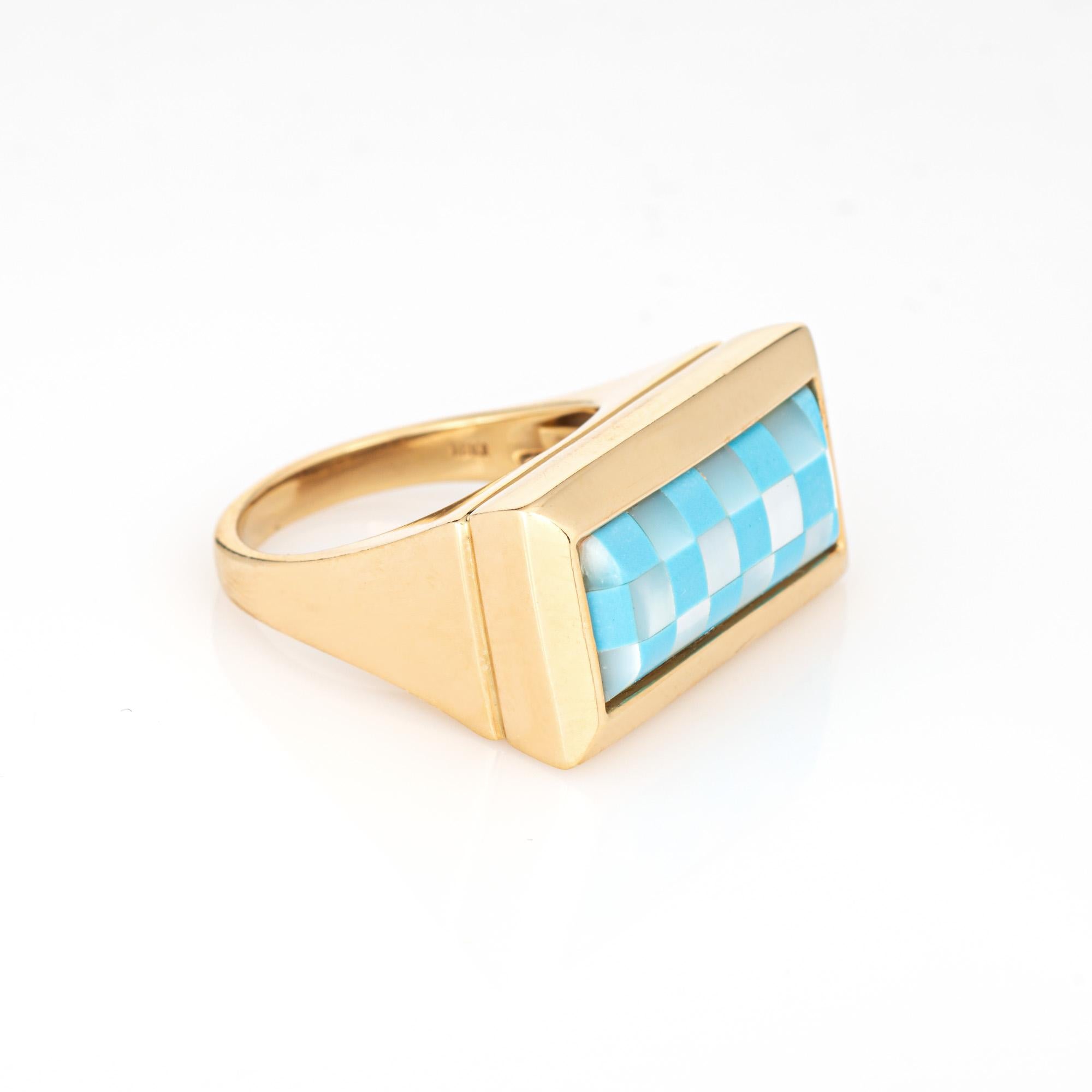 Checkerboard Ring eingelegt Türkis MOP 18k Gelbgold Sz 7 Estate Jewelry (Zeitgenössisch) im Angebot