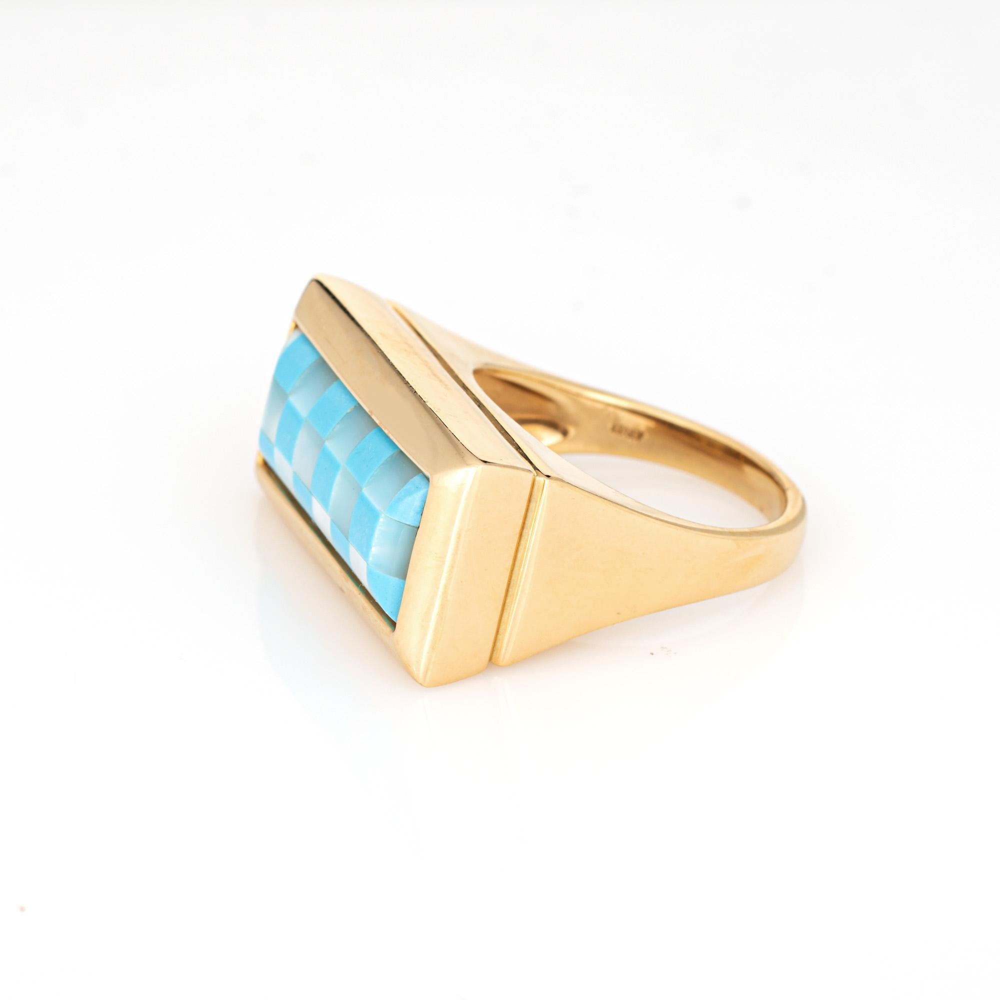 Checkerboard Ring eingelegt Türkis MOP 18k Gelbgold Sz 7 Estate Jewelry (Cabochon) im Angebot