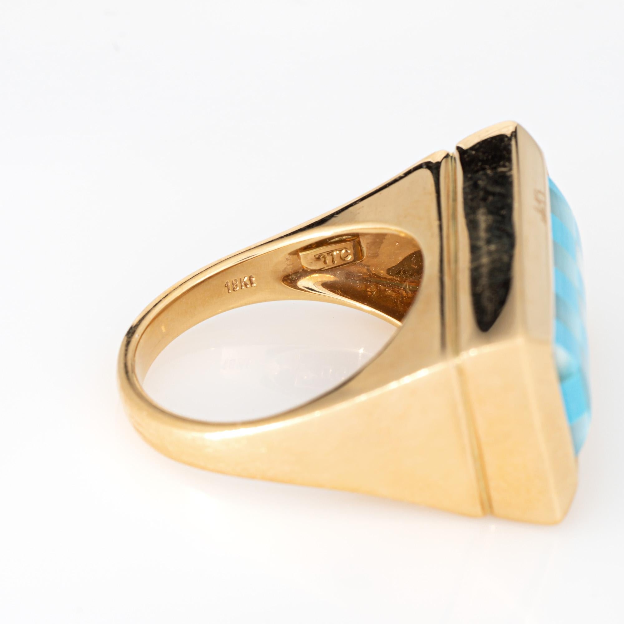 Checkerboard Ring eingelegt Türkis MOP 18k Gelbgold Sz 7 Estate Jewelry im Angebot 1