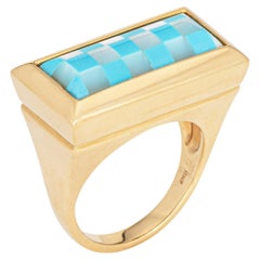 Checkerboard Ring eingelegt Türkis MOP 18k Gelbgold Sz 7 Estate Jewelry