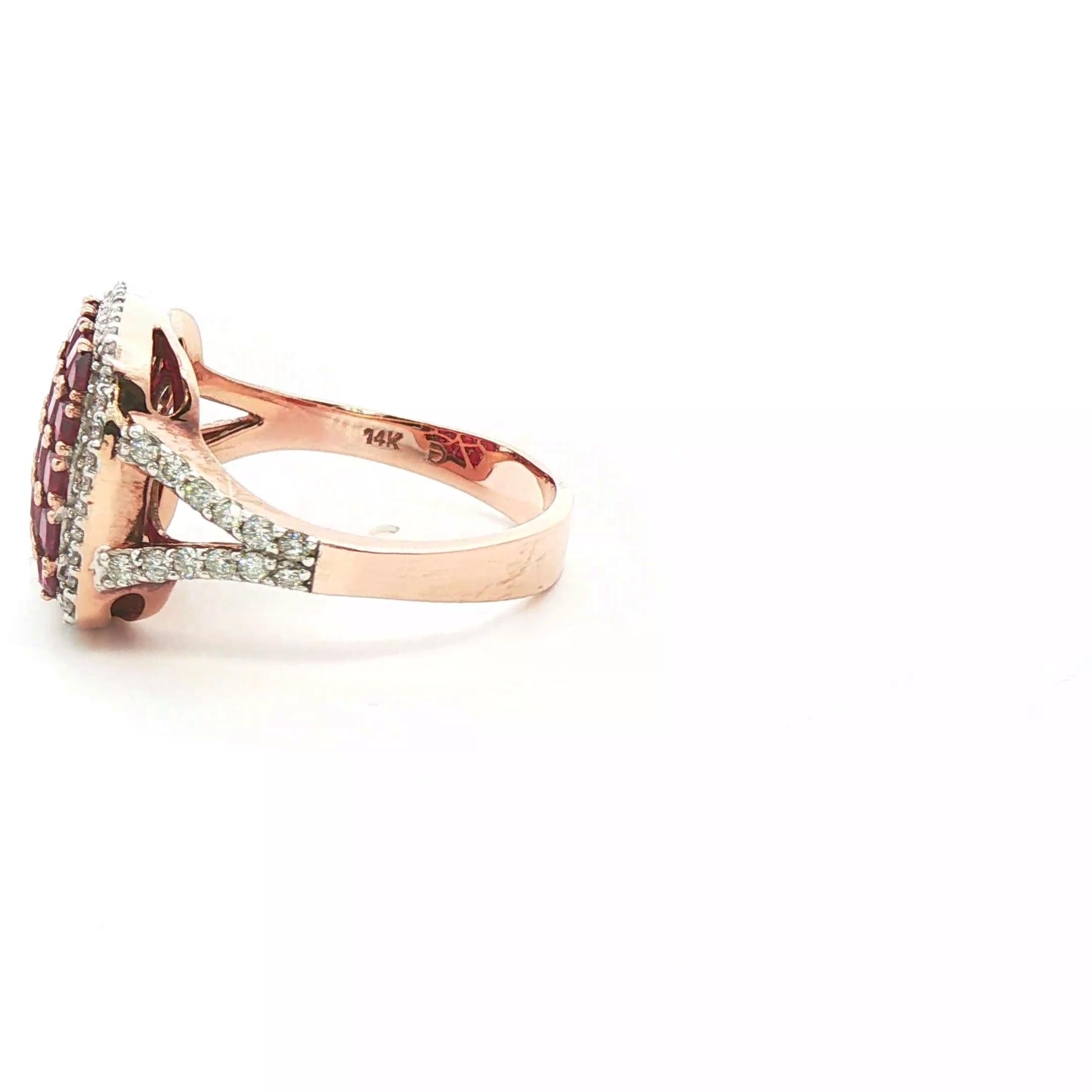 This interesting and unique ring is crafted with natural rubies in a checkerboard pattern. The color is deep, rich and well matched. A diamond halo surrounds the presentation of rubies and continues around a portion of the shank (approx .49ctw). The