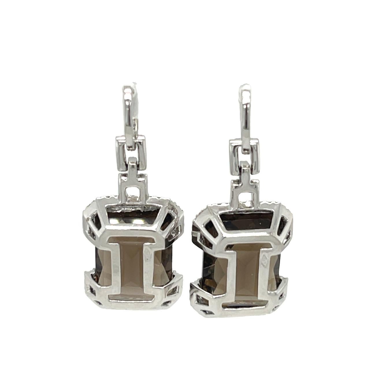 Emerald Cut Checkerboard Smokey Topaz  and Diamond Dangling Earrings in 14K White Gold  For Sale