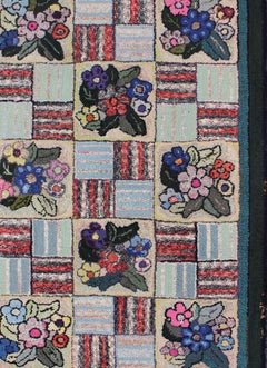 Checkerboard Vintage American Hooked Rug with Geometric and Floral Designs