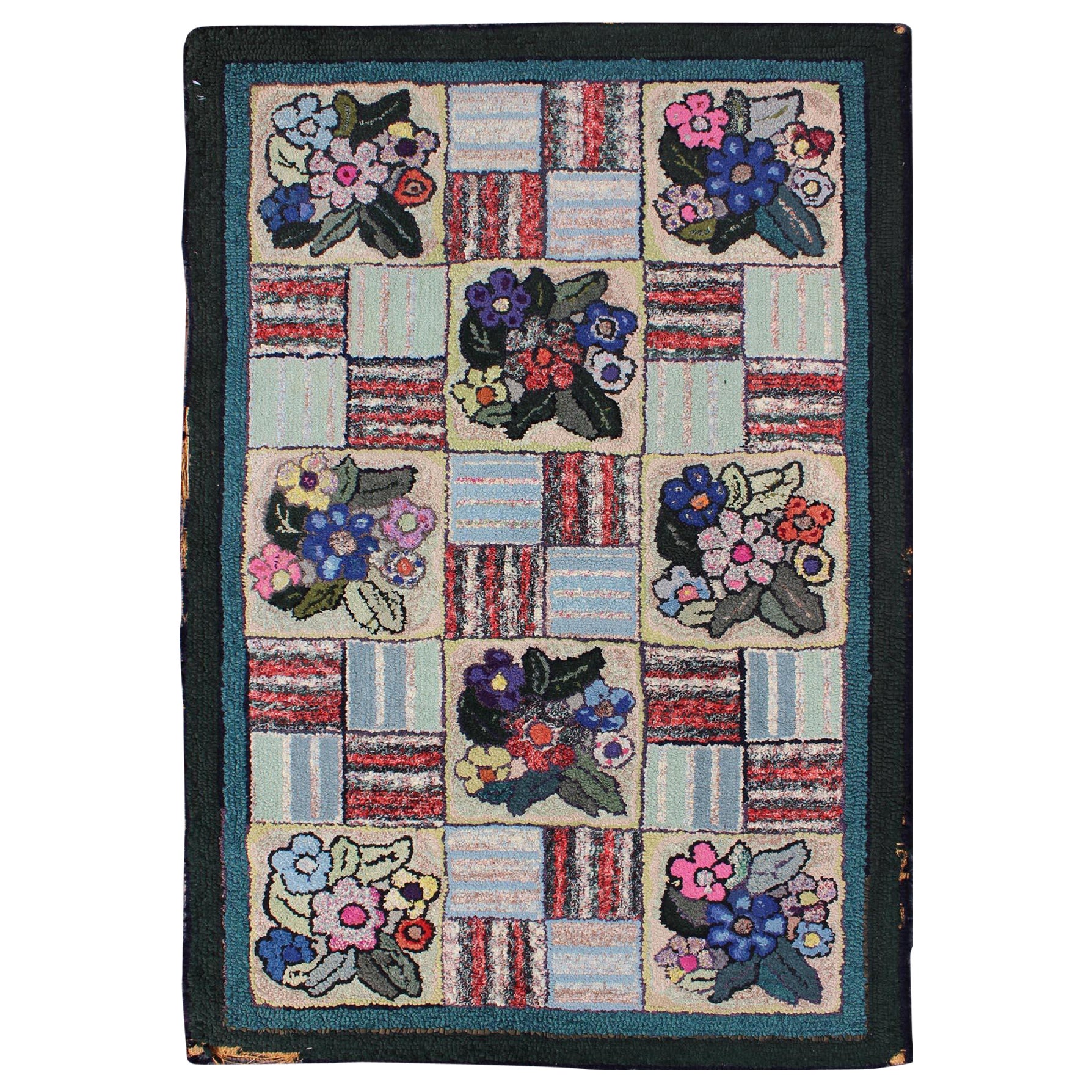 Checkerboard Vintage amerikanischer Kapuzenteppich mit geometrischem und floralem Muster