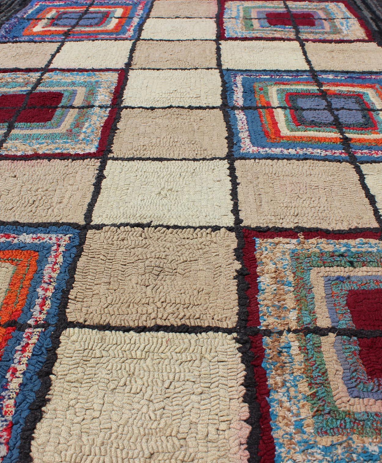 Hand-Knotted Checkerboard Vintage American Hooked Rug with Geometric Cross Designs For Sale